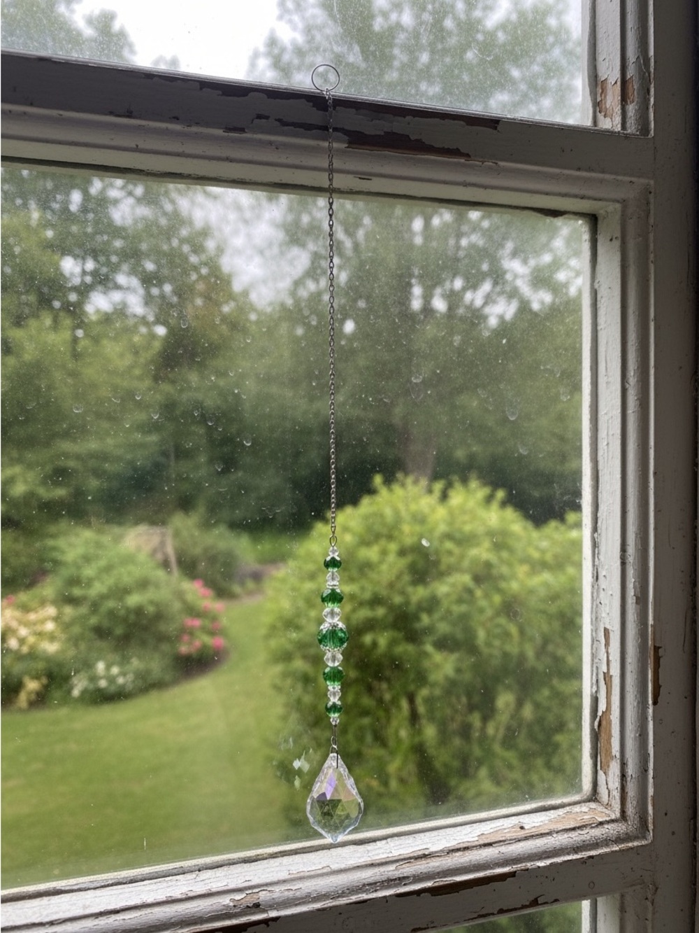 Green Crystal Suncatcher with Faceted Teardrop Handcrafted Length-  13.5”
